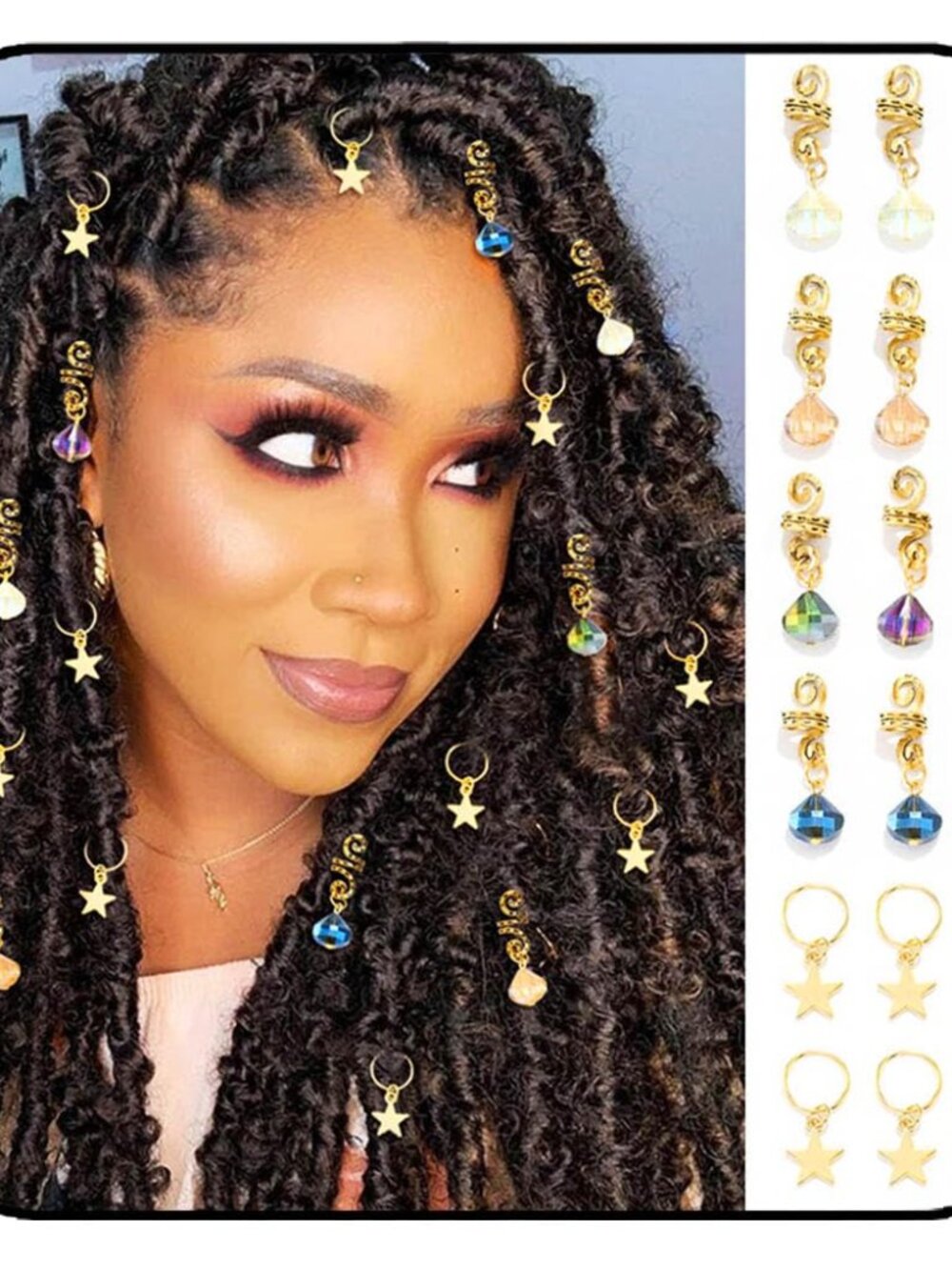 Crystals Spiral Loc Jewelry Gold Stars Braid Hair Charms African Dreads Accessor